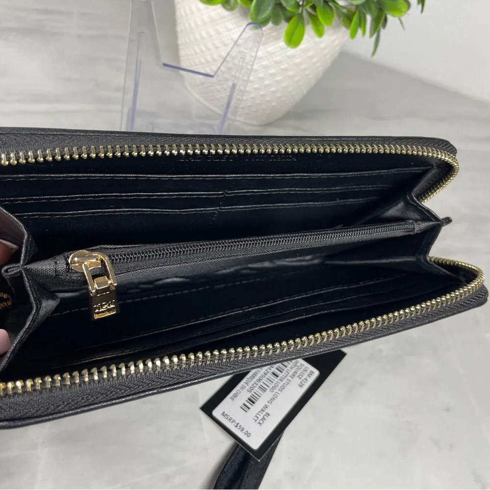 NEW Badgley Mischka Black Vegan Leather Square Studs Long Wallet Wristlet‎